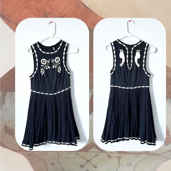 Free People “birds of a feather” embroidered black &white swing sleeveless dress - Picture 4 of 17